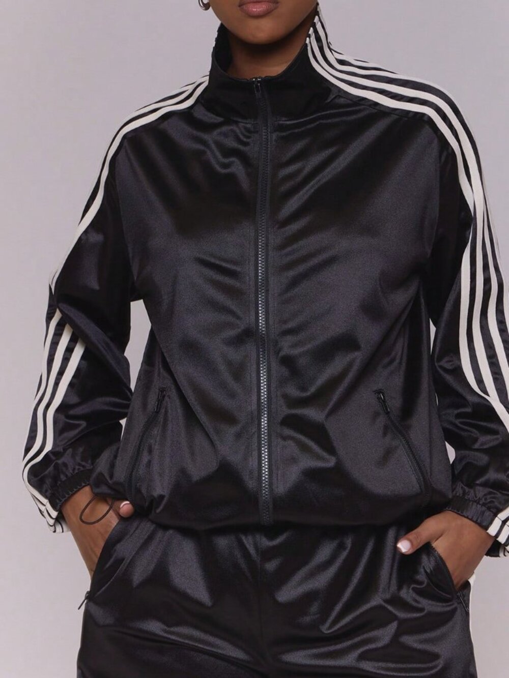 Multicolor Casual Women's Funnel Neck Stripe Detail Track Jacket